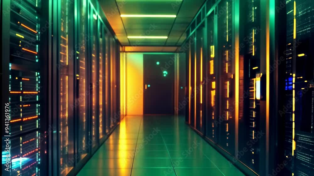 Futuristic server room corridor with glowing lights and data processing ...