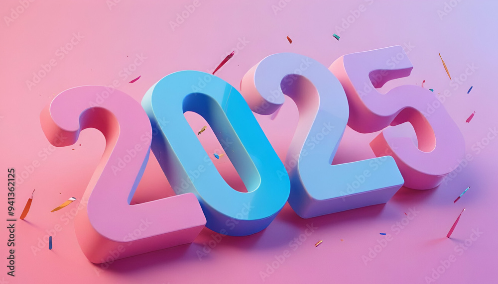 Colorful 3D numbers spelling out the year 2025 on a bright pink background