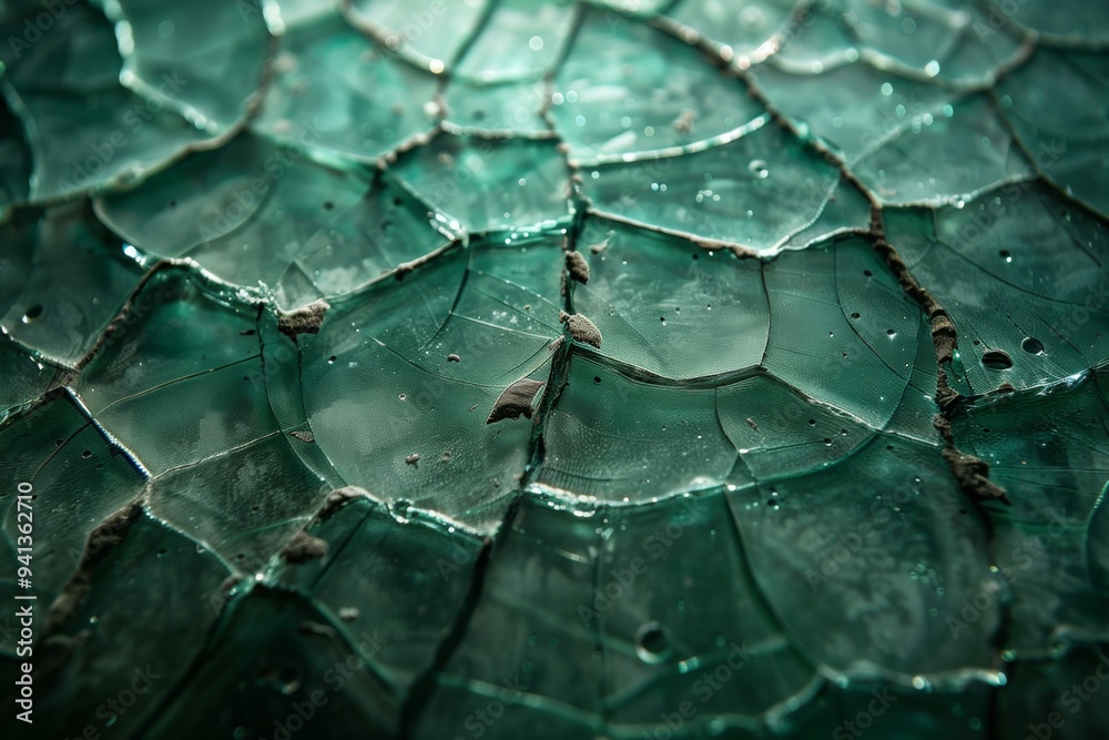 Obraz premium Close-Up of Green Stained Glass with Cracked Pattern