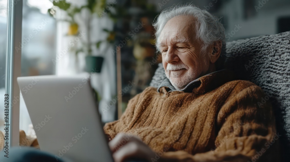 A Senior man attending online class using laptop By staying active and connected. A Senior man attending online class using laptop By staying active and connected.