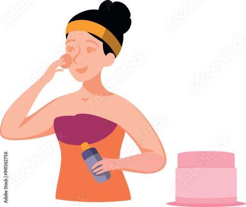 Girl applying toner on her face.
