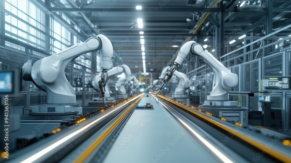 A group of robotic arms in an industrial factory surrounded by modern machinery, robotics in manufacturing, industrial automation, modern machinery A group of robotic arms in an industrial factory surrounded by modern machinery, robotics in manufacturing, industrial automation, modern machinery