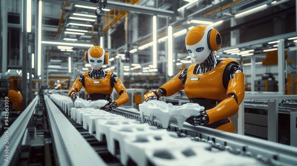 Two humanoid robots working on an assembly line building white plastic parts for cars, showcasing automation in automotive production, plastic part manufacturing Two humanoid robots working on an assembly line building white plastic parts for cars, showcasing automation in automotive production, plastic part manufacturing