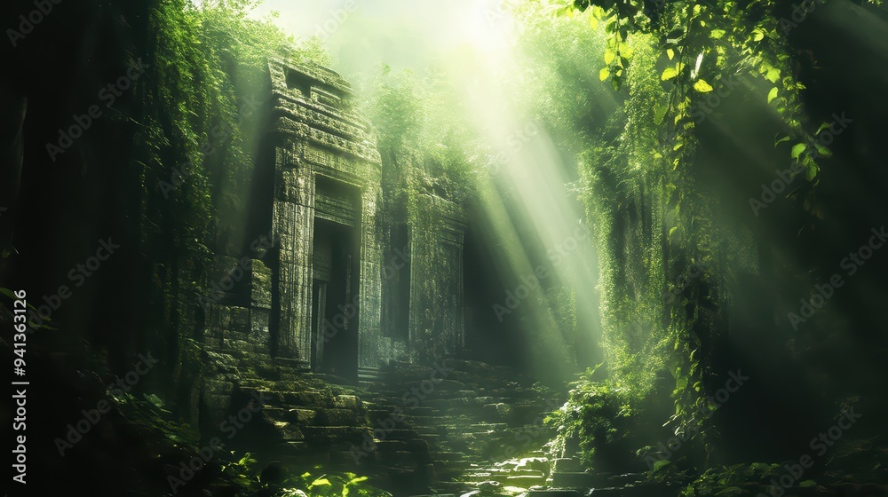 Fototapeta premium A serene jungle scene featuring ancient ruins, vibrant greenery, and beautiful ray of sunlight illuminating the tranquil atmosphere.