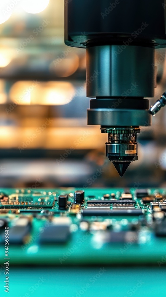 AI powered machine tool hovering over circuit boards in a manufacturing unit, advanced technology in electronics, robotics in circuit production AI powered machine tool hovering over circuit boards in a manufacturing unit, advanced technology in electronics, robotics in circuit production