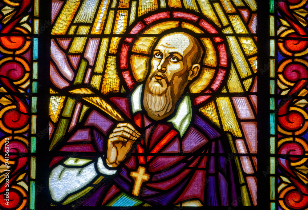 Obraz premium A stained glass of Saint Francis de Sales, founder of the Visitation Order. Vitrail de Saint François de Sales, fondateur de l'ordre de la Visitation.