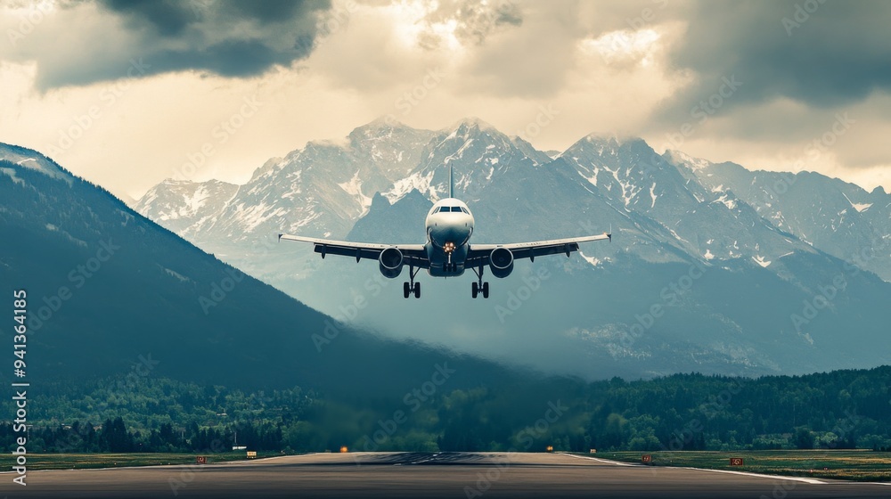 A dynamic shot of an airplane lifting off with a backdrop of mountain peaks and expansive skies, capturing the excitement of departure. A dynamic shot of an airplane lifting off with a backdrop of mountain peaks and expansive skies, capturing the excitement of departure.