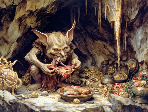 A large, grotesque creature is eating a piece of meat in a cave. The scene is dark and eerie, with a sense of danger and unease. The creature's large size photo