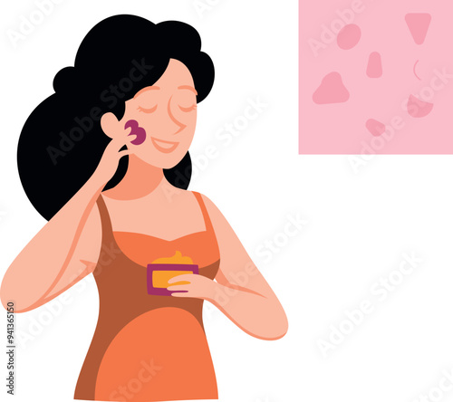 The girl is applying cream on her face.