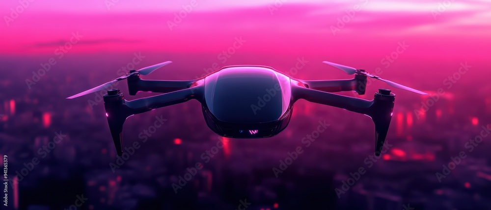 A sleek drone soaring over a vibrant urban skyline during sunset, showcasing innovation in aerial technology and photography. A sleek drone soaring over a vibrant urban skyline during sunset, showcasing innovation in aerial technology and photography.