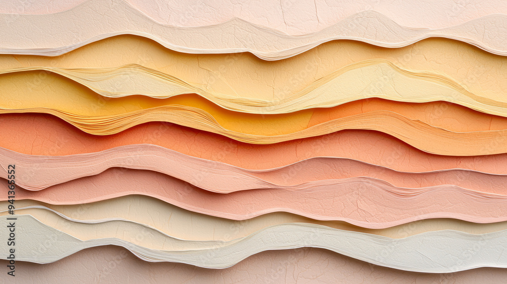 Fototapeta premium Textured layers of pastel colored paper create soothing visual effect, evoking sense of calm and creativity.