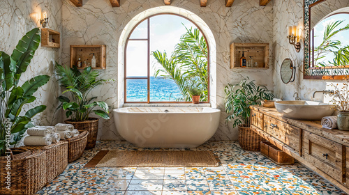 Mediterranean Bathroom with Mosaic Tiles and Sea View