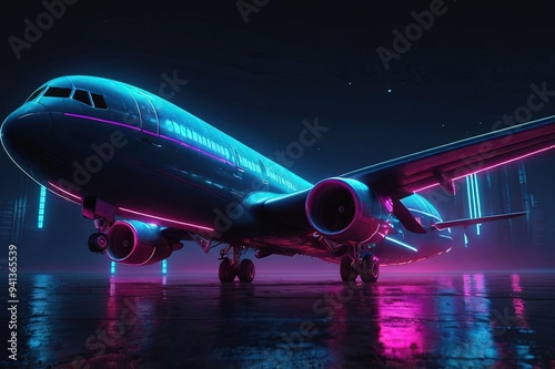 A plane with dark neon light effect, 3d rendering. 3D illustration.