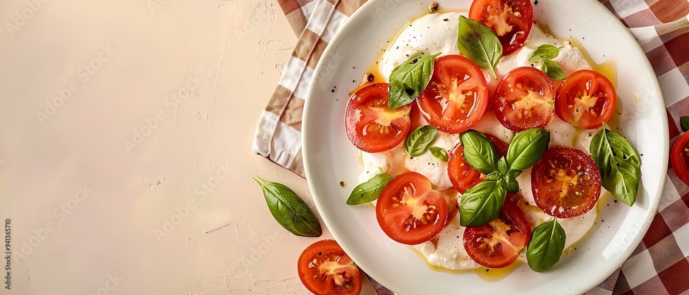 Over head shot of an elegant white plate with sliced tomatoes and a nutritious serving of fresh burrata cheese a red-white check towel covers the table, Generative AI. Over head shot of an elegant white plate with sliced tomatoes and a nutritious serving of fresh burrata cheese a red-white check towel covers the table, Generative AI.