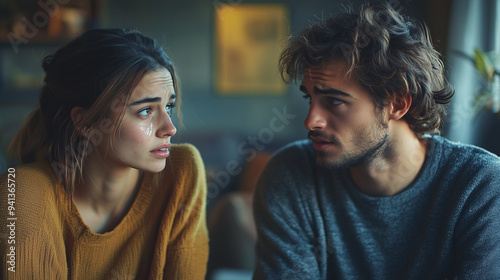 A man and woman share an intense, emotional conversation in a warmly lit room, their expressions filled with concern and vulnerability.