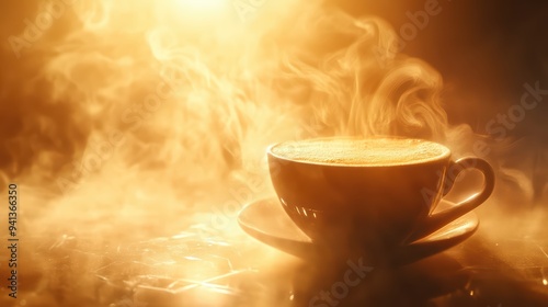 Wallpaper Mural A steaming cup of coffee sits gracefully against a warm, glowing backdrop, inviting a sense of comfort and tranquility. Torontodigital.ca