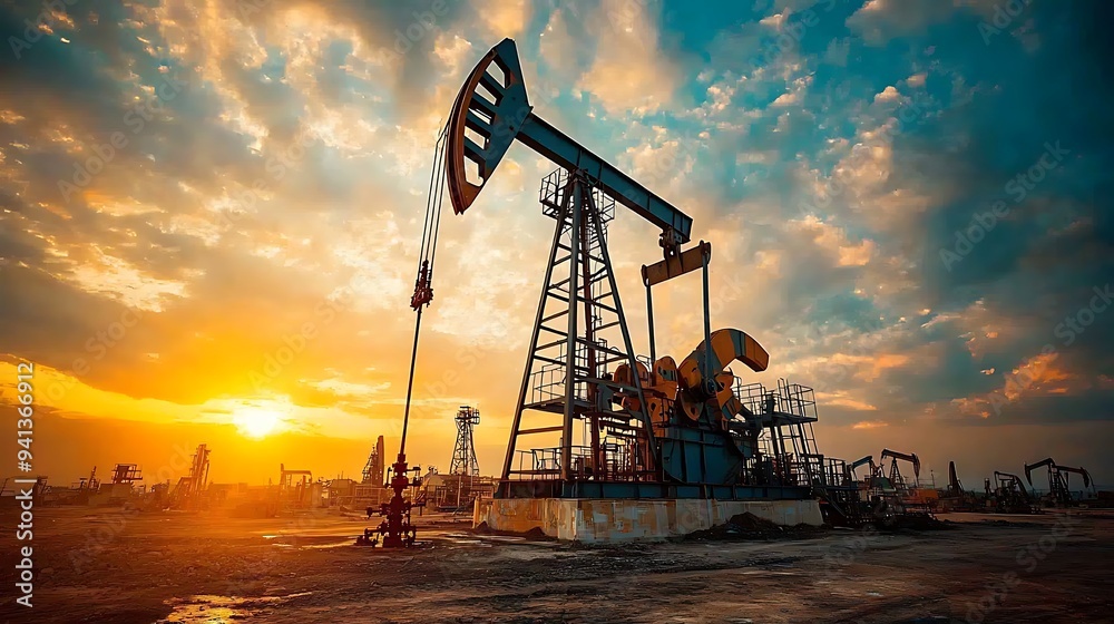 An oil pump jack captured at sunset under a breathtaking sky. An oil pump jack captured at sunset under a breathtaking sky.