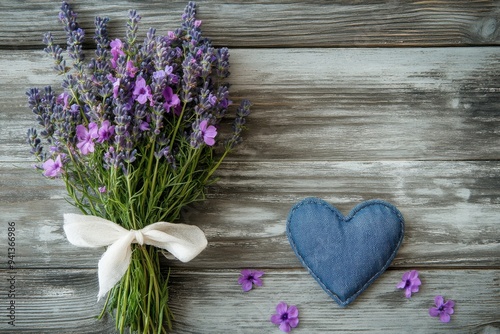 Rustic Bouquet and Handmade Denim Heart on Weathered Wood