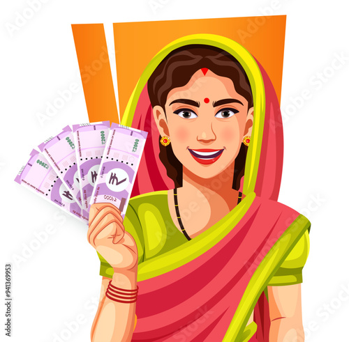 Happy Indian traditional woman in saree holding 2000 Indian currency rupee note, isolated on a white background- concept of empowerment, earnings, bank loan, and business