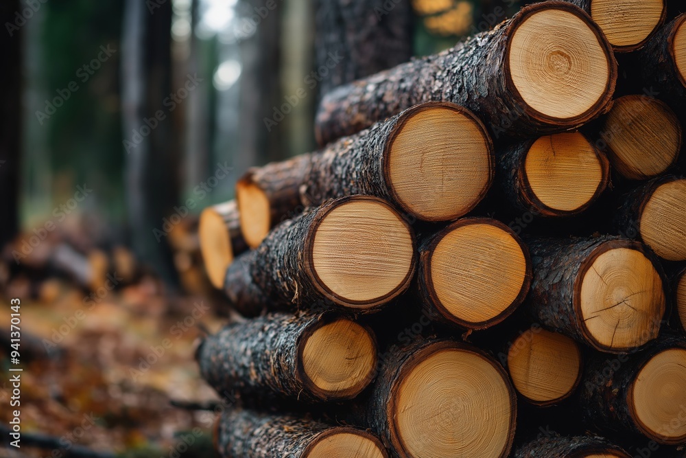 Logs are neatly stacked on the forest floor, surrounded by autumn leaves, representing the natural cycle of life and usefulness. Logs are neatly stacked on the forest floor, surrounded by autumn leaves, representing the natural cycle of life and usefulness.