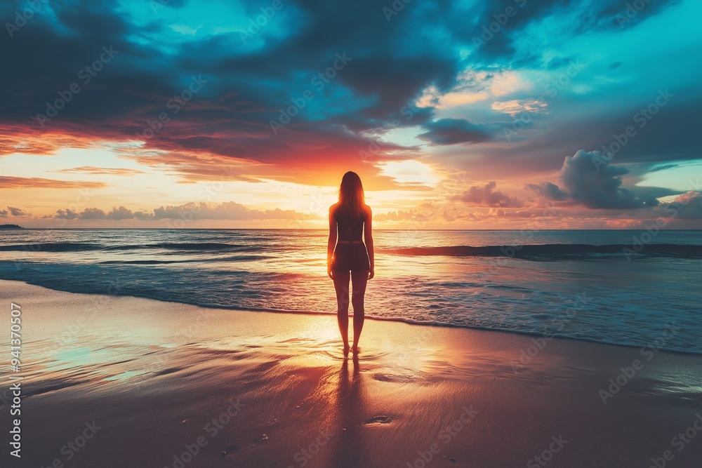 A silhouette of a person stands by the shore at sunset, waves gently lapping the sand, creating a contemplative scene. A silhouette of a person stands by the shore at sunset, waves gently lapping the sand, creating a contemplative scene.