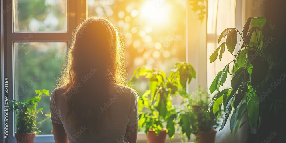 A person gazes out a window while surrounded by potted plants, bathed in warm sunlight, giving a sense of calm and introspection. A person gazes out a window while surrounded by potted plants, bathed in warm sunlight, giving a sense of calm and introspection.
