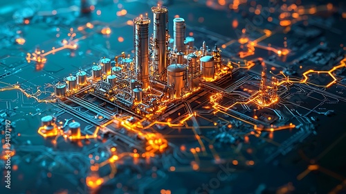 An industrial cityscape blended with a circuit board background.