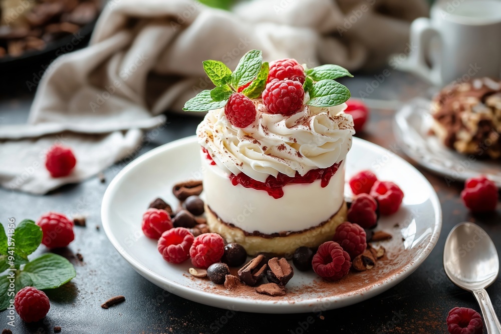 A sophisticated dessert topped with whipped cream, fresh raspberries, and mint leaves beautifully presented on a white plate. A sophisticated dessert topped with whipped cream, fresh raspberries, and mint leaves beautifully presented on a white plate.
