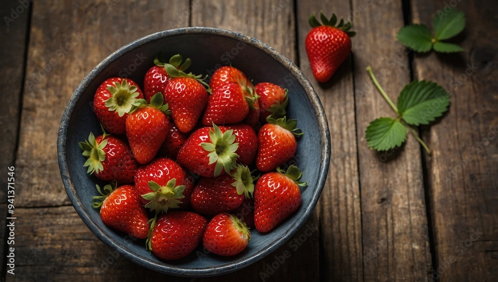A bowl of fresh strawberries displayed on a rustic wooden surface A bowl of fresh strawberries displayed on a rustic wooden surface