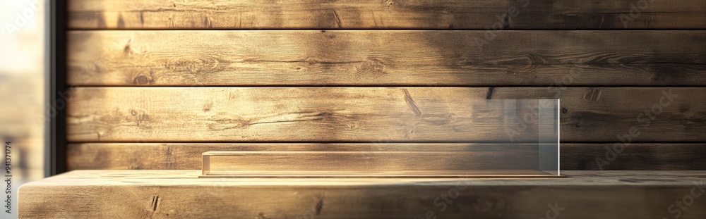 3D illustration featuring a wooden background with a glass display 3D illustration featuring a wooden background with a glass display