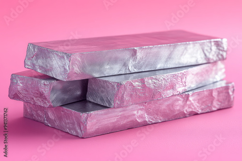 A stack of aluminum bars, isolated on a pastel pink background, representing the metal derived from bauxite ore,