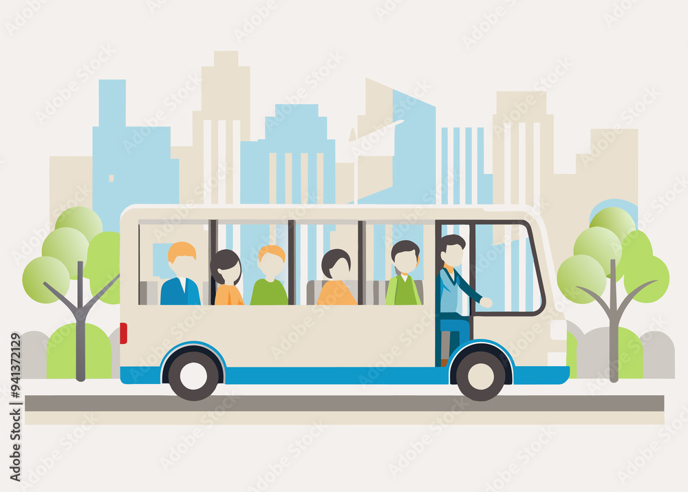 People riding a bus retro image. Flat style. Vector illustration. People riding a bus retro image. Flat style. Vector illustration.