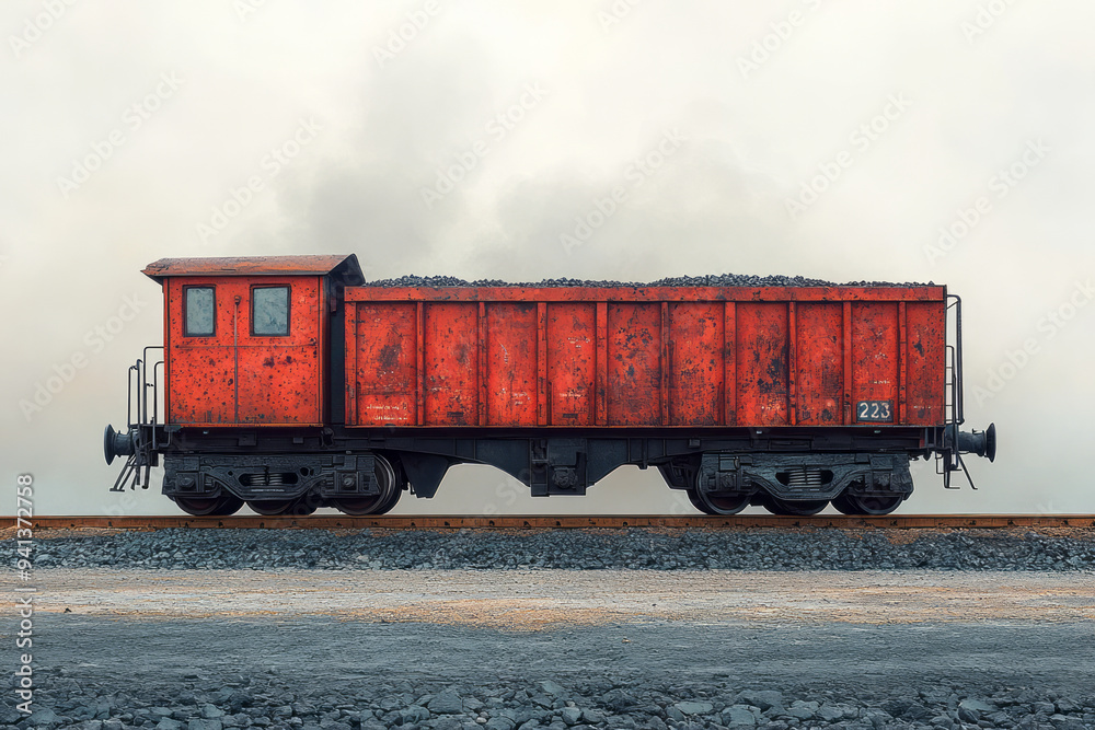 Obraz premium A section of a coal train, isolated on a pastel cream background, representing the transportation of fossil energy resources,