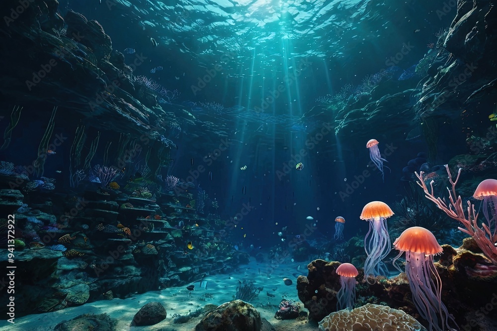Underwater fantasy world. The dark bottom of the ocean, the abyss ...