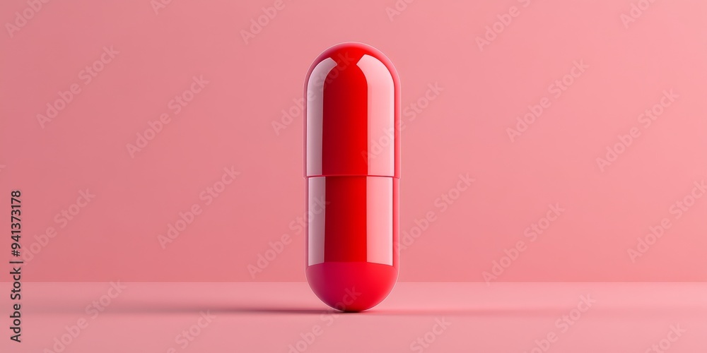 A 3D simple style icon of a glossy red capsule with a reflective surface and soft shadow isolated on a clean background to symbolize a common medicine A 3D simple style icon of a glossy red capsule with a reflective surface and soft shadow isolated on a clean background to symbolize a common medicine
