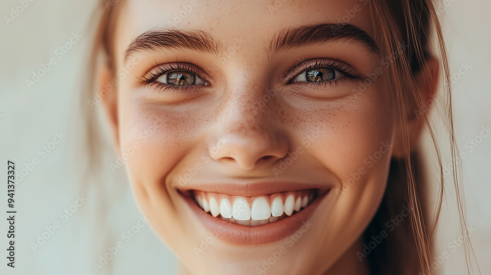 A close-up of a young woman’s smiling face, with soft natural light highlighting her eyes and teeth, set against a neutral background for a clean, joyful expression.