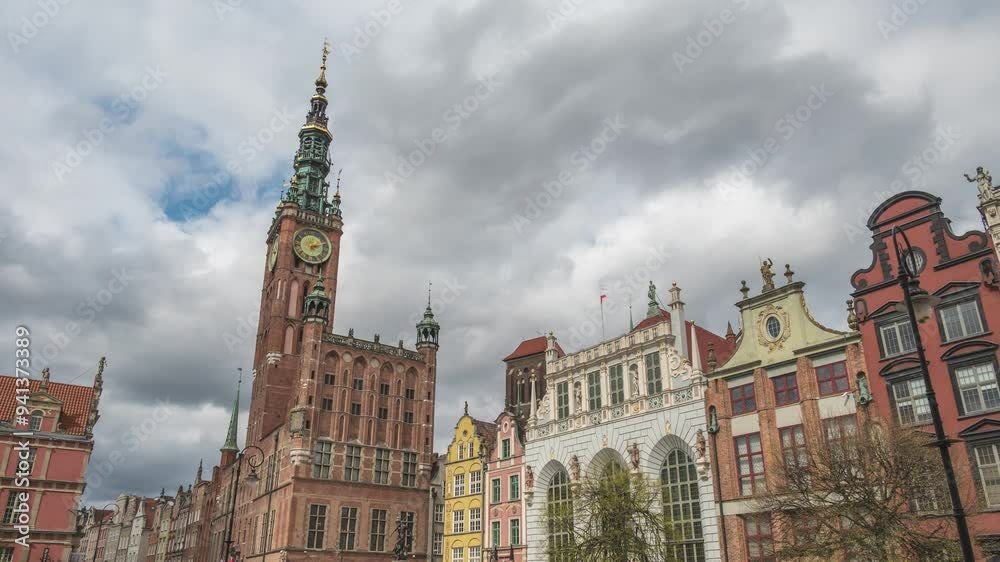 Gdansk, Poland - April 12,2023 : time lapse city skyline at Long Market old town square Gdansk, Poland - April 12,2023 : time lapse city skyline at Long Market old town square