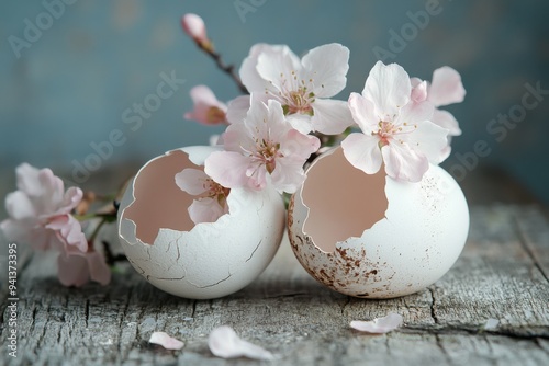 Eggshells with Pink Flowers on Weathered Wood