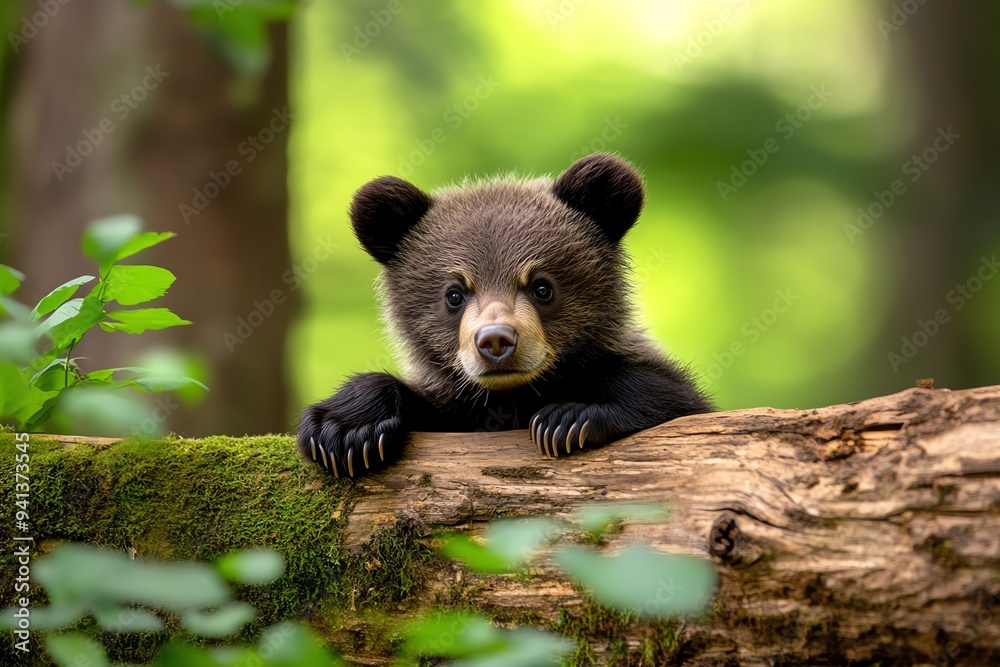 Obraz premium A bear cub climbing over a fallen log in a dense forest, exploring its surroundings with curiosity and playfulness