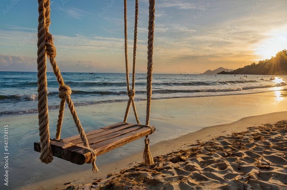 Wooden rope swing at the beach at sunset. Wood swing at the sandy beach in Meulaboh, Aceh Indonesia. Wooden rope swing at the beach at sunset. Wood swing at the sandy beach in Meulaboh, Aceh Indonesia.
