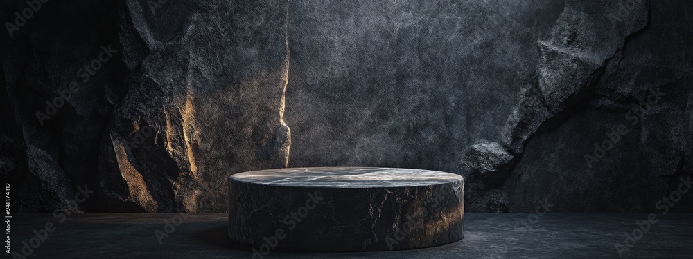 3D rendering of a stone pedestal for showcasing products against a dark backdrop 3D rendering of a stone pedestal for showcasing products against a dark backdrop