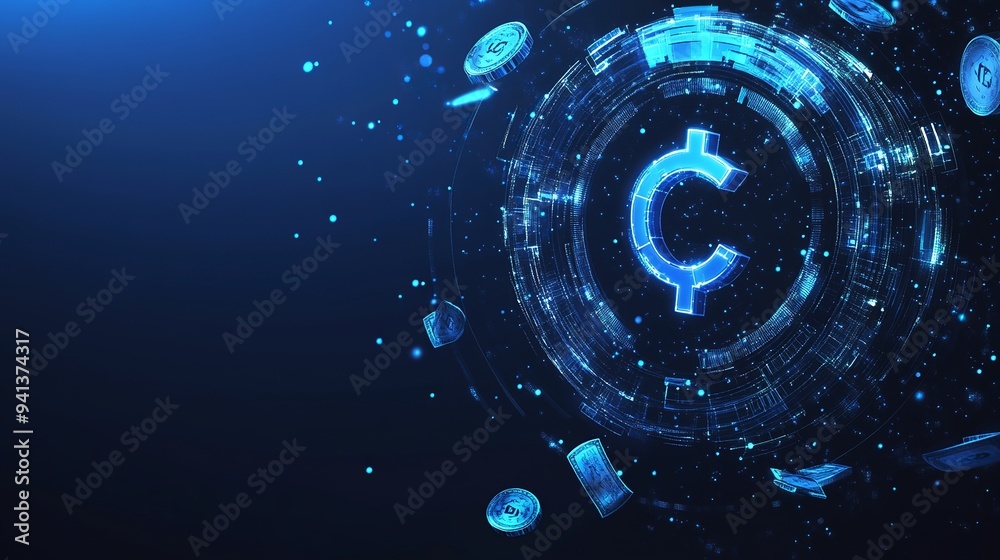 Fototapeta premium Cashback, money transfer, and refund concept. Digital wallet with currency and coin. Arrows forming a light circle and cash. Low poly monochrome futuristic vector illustration on a blue technology 