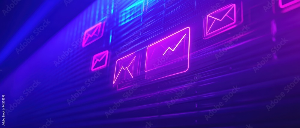 Colorful digital communication icons glowing in neon light, representing messaging and connection in a modern tech environment. Colorful digital communication icons glowing in neon light, representing messaging and connection in a modern tech environment.