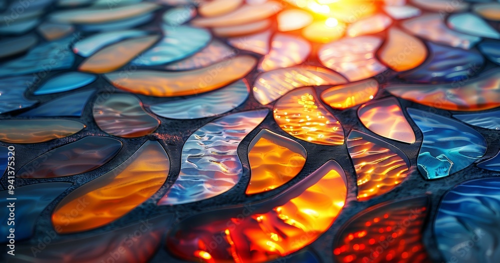 Vibrant Mosaic Art Piece with Sun and Sea Motif Vibrant Mosaic Art Piece with Sun and Sea Motif