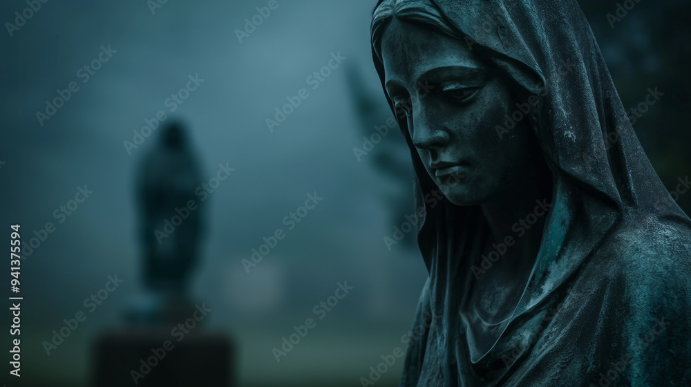 Stone statue in a cemetery surrounded. Sad grieving statue of Mary in graveyard with old destroyed crosses and tombstones. Death ceremony and memorial service. Funeral, loss, and sorrow concept