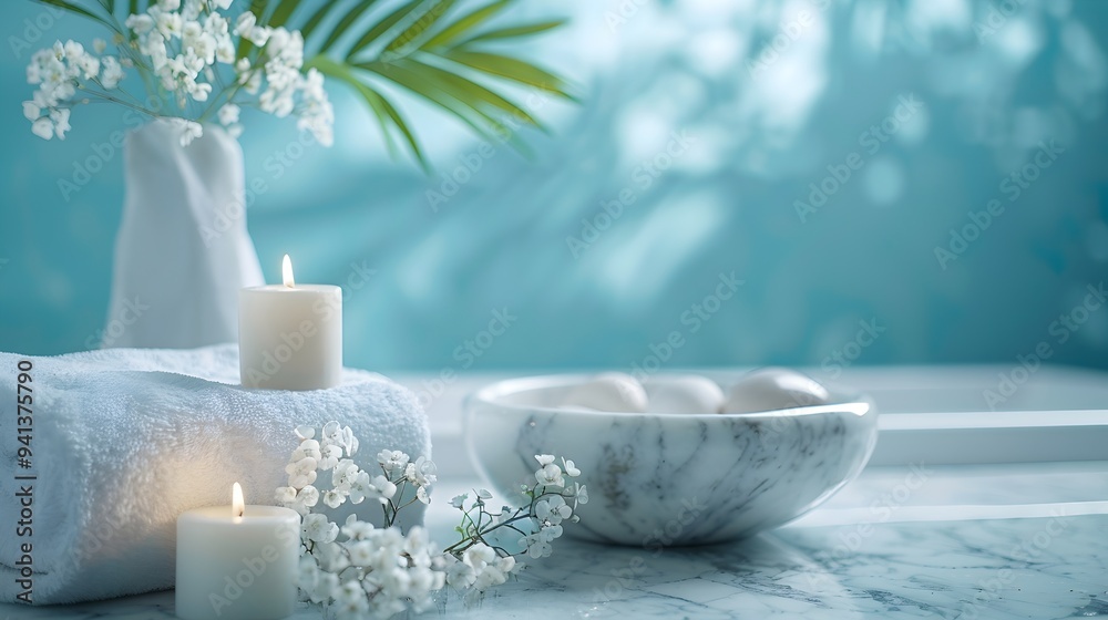 Spa still life, Palm leaves white flowers, Blue background wall and white candles, textured blue background with light reflections, marble table, Relaxation, spa day, zen, wallpaper background HD Spa still life, Palm leaves white flowers, Blue background wall and white candles, textured blue background with light reflections, marble table, Relaxation, spa day, zen, wallpaper background HD