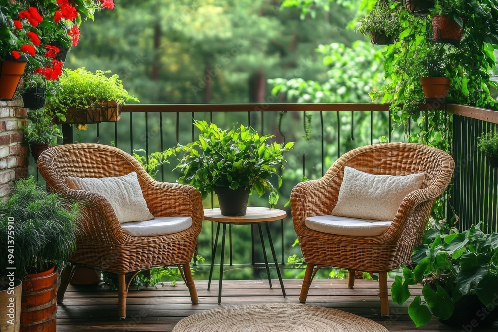 Fototapeta premium Charming Balcony with Wicker Chairs and Potted Plants