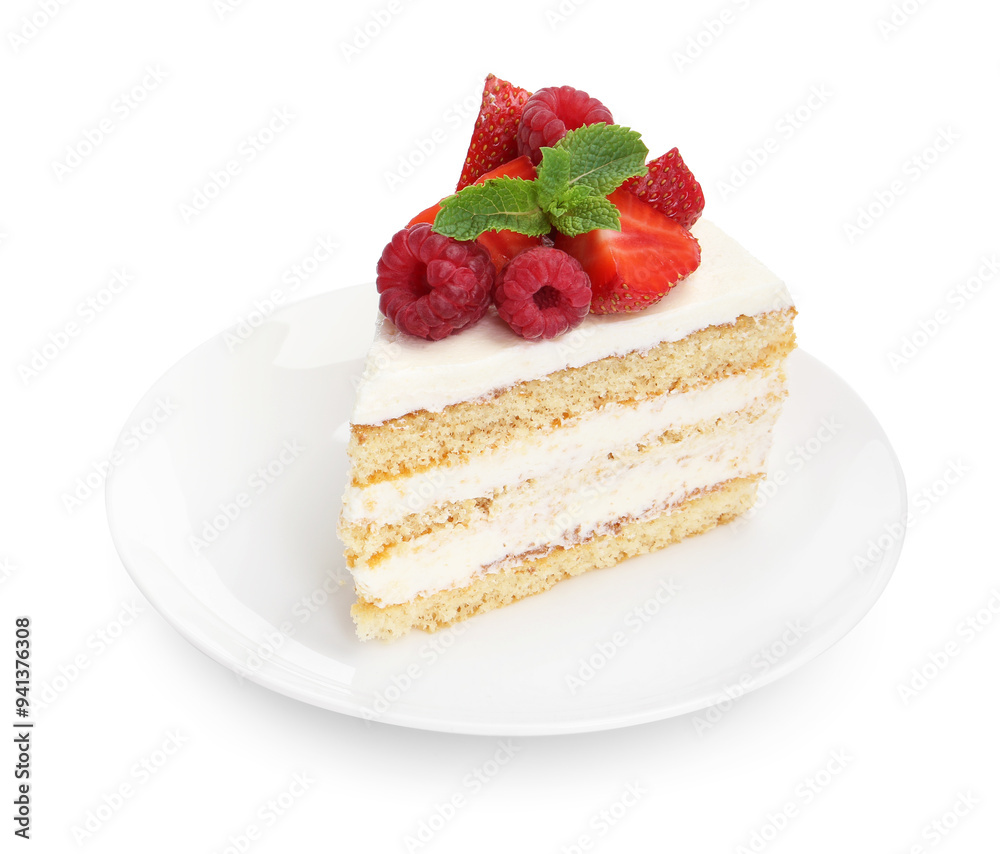 Piece of tasty sponge cake with fresh berries and mint isolated on white Piece of tasty sponge cake with fresh berries and mint isolated on white