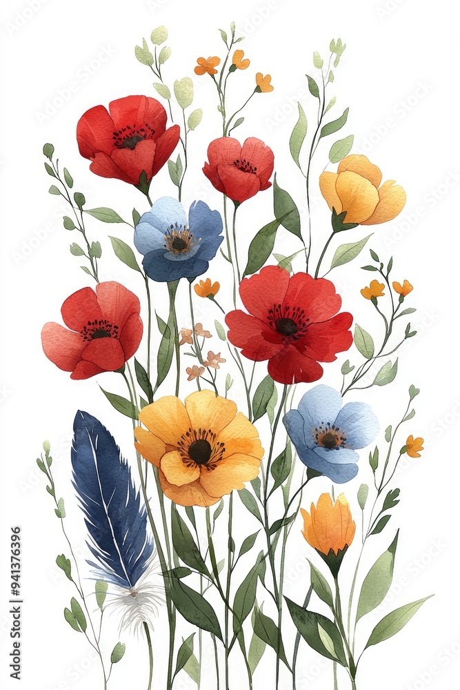 Fototapeta premium Watercolor Painting of a Wildflower Bouquet with a Feather