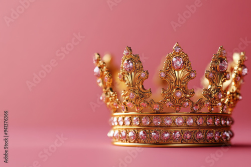 A golden crown, isolated on a pastel pink background, symbolizing royalty and power,